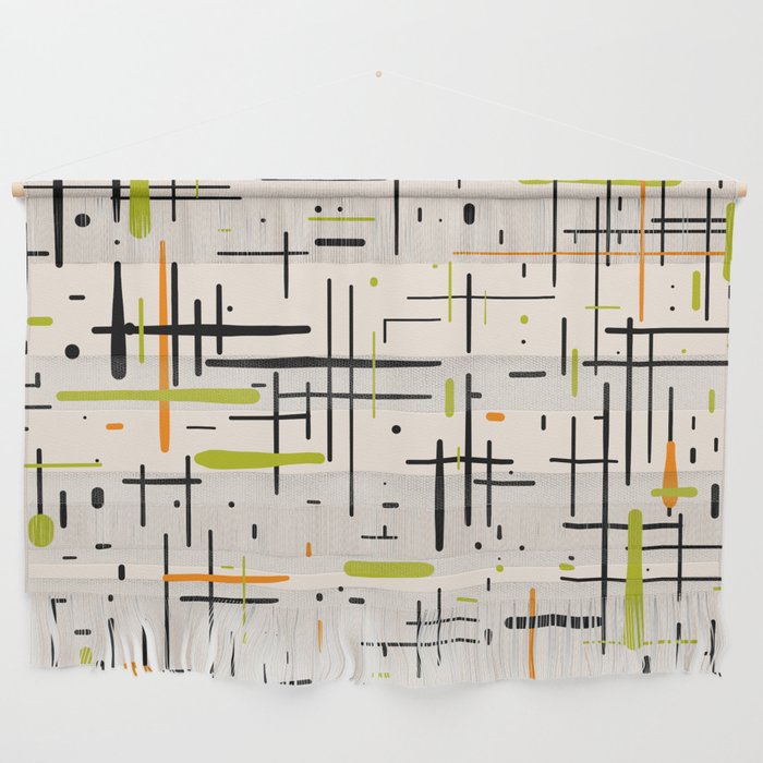  Mid-Century Modern Kinetikos Pattern in Cream, Black, Lime Green, and Orange Wall Hanging Gallery Image 1