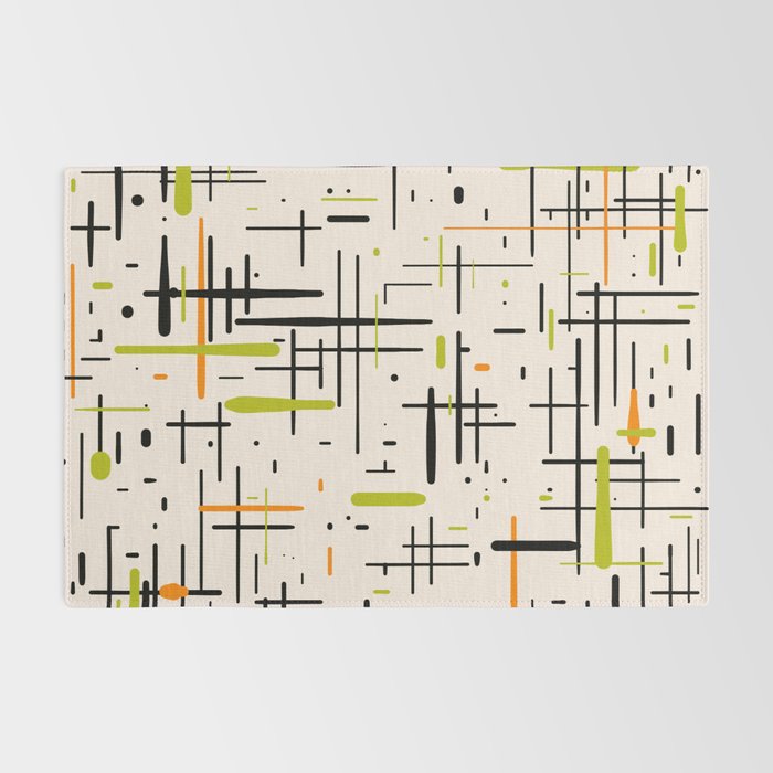  Mid-Century Modern Kinetikos Pattern in Cream, Black, Lime Green, and Orange Rug Gallery Image 2