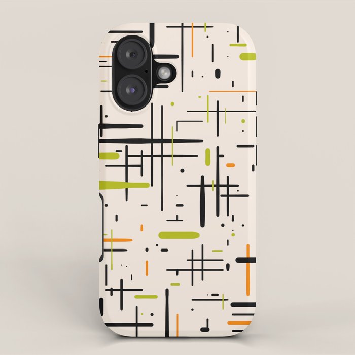  Mid-Century Modern Kinetikos Pattern in Cream, Black, Lime Green, and Orange iPhone Case Gallery Image 1