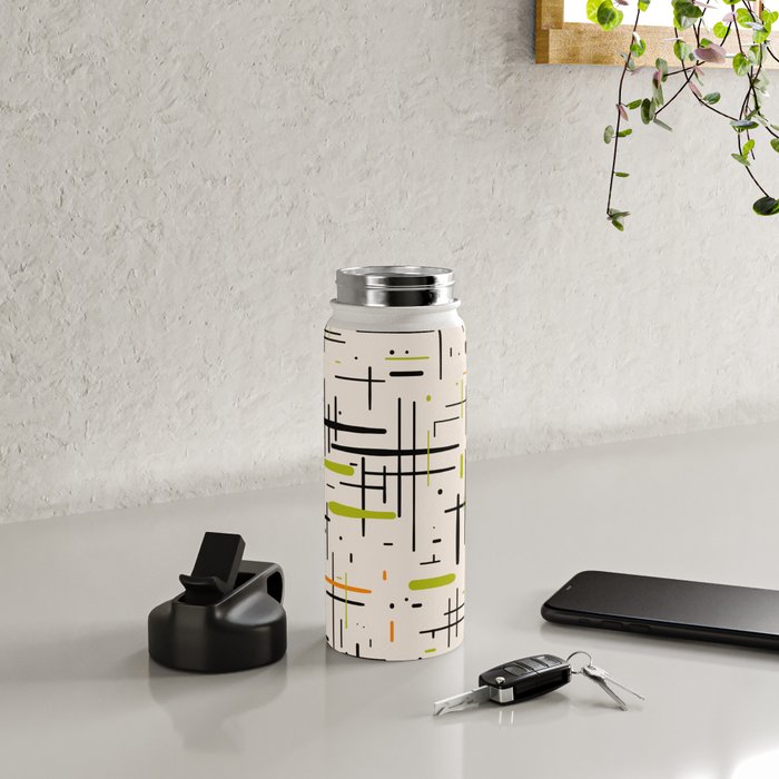  Mid-Century Modern Kinetikos Pattern in Cream, Black, Lime Green, and Orange Water Bottle Gallery Image 4