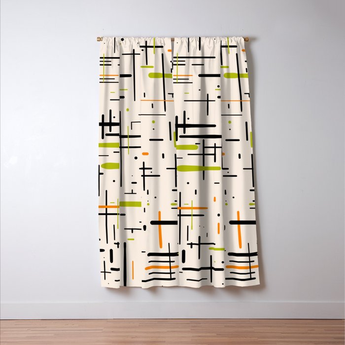  Mid-Century Modern Kinetikos Pattern in Cream, Black, Lime Green, and Orange Window Curtain Gallery Image 3