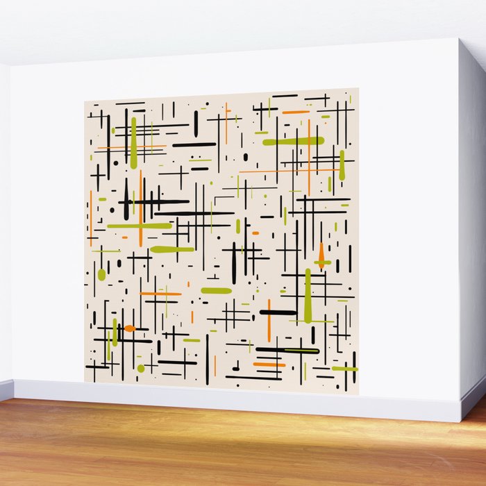  Mid-Century Modern Kinetikos Pattern in Cream, Black, Lime Green, and Orange Wall Mural Gallery Image 2