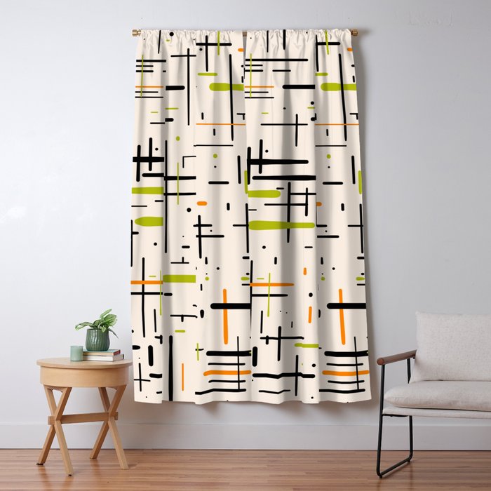  Mid-Century Modern Kinetikos Pattern in Cream, Black, Lime Green, and Orange Window Curtain Gallery Image 5