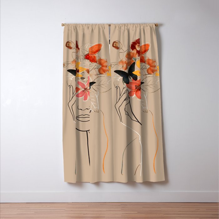 WOMAN WITH FLOWERS 7 Line Art  Window Curtain Gallery Image 3