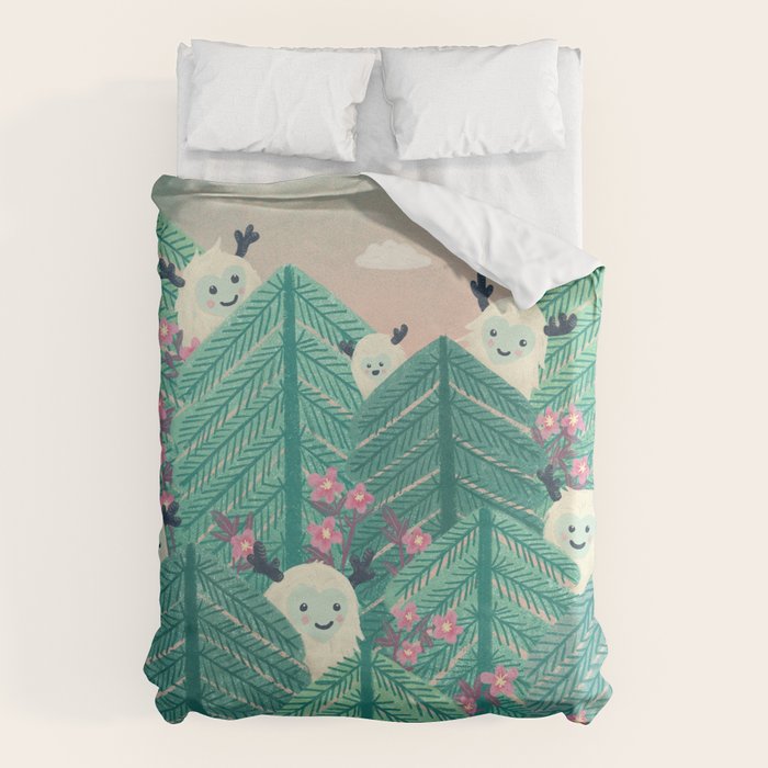 Creatures of the Forest in Springtime (Cute Yetis Hiding Whimsical Nature Art) Duvet Cover Gallery Image 1