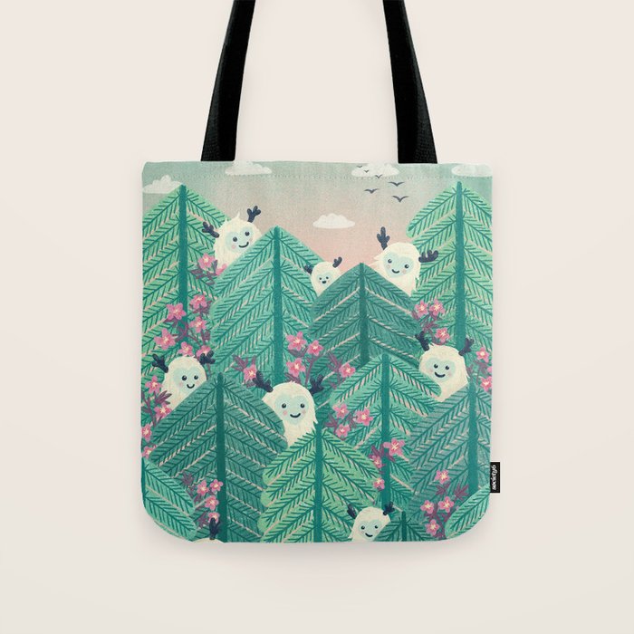 Creatures of the Forest in Springtime (Cute Yetis Hiding Whimsical Nature Art) Tote Bag Gallery Image 1