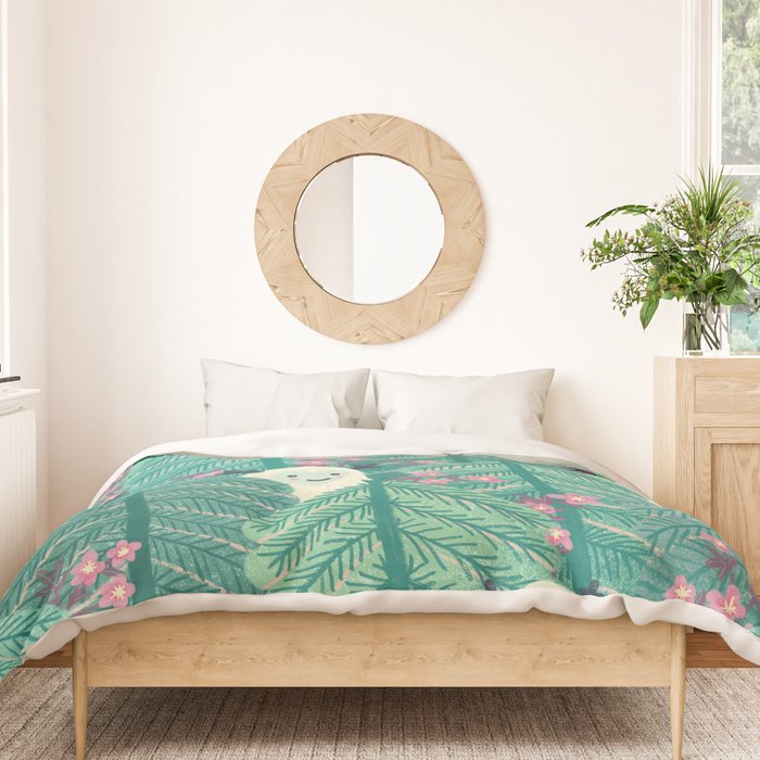 Creatures of the Forest in Springtime (Cute Yetis Hiding Whimsical Nature Art) Duvet Cover Gallery Image 3