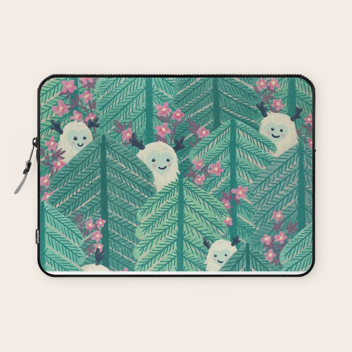 Creatures of the Forest in Springtime (Cute Yetis Hiding Whimsical Nature Art) Laptop Sleeve Gallery Image 1