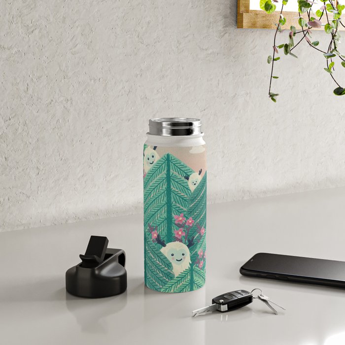 Creatures of the Forest in Springtime (Cute Yetis Hiding Whimsical Nature Art) Water Bottle Gallery Image 4