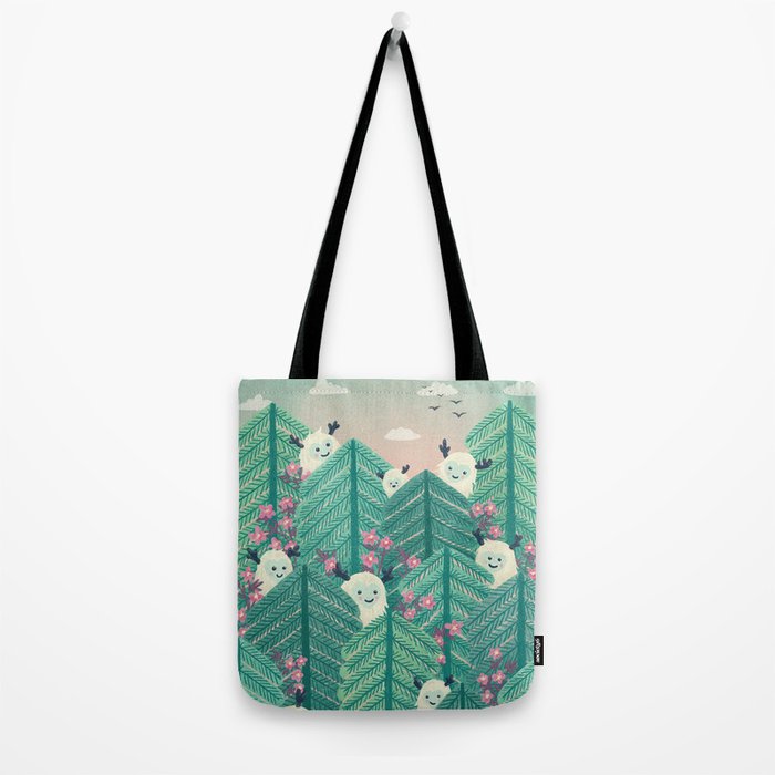 Creatures of the Forest in Springtime (Cute Yetis Hiding Whimsical Nature Art) Tote Bag Gallery Image 2