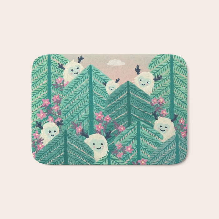 Creatures of the Forest in Springtime (Cute Yetis Hiding Whimsical Nature Art) Bath Mat Gallery Image 1