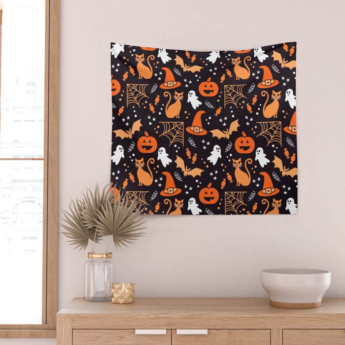 Halloween party illustrations orange, black Wall Tapestry Gallery Image 2