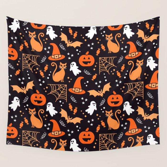 Halloween party illustrations orange, black Wall Tapestry Gallery Image 4