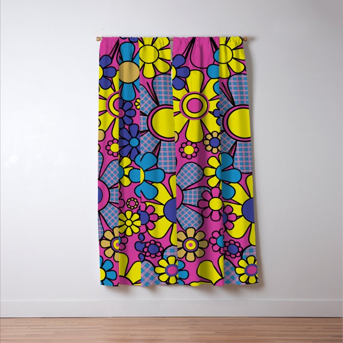 Retro Garden Gingham Flowers Bold 60s 70s Floral Pattern in Blue, Yellow, and Magenta Window Curtain Gallery Image 3