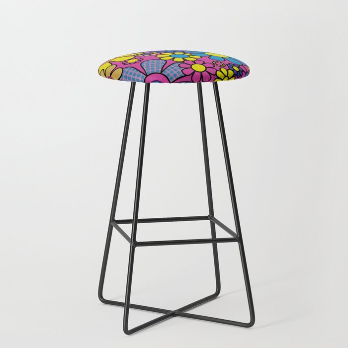 Retro Garden Gingham Flowers Bold 60s 70s Floral Pattern in Blue, Yellow, and Magenta Stool Gallery Image 1