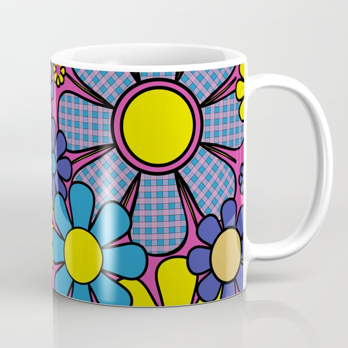Retro Garden Gingham Flowers Bold 60s 70s Floral Pattern in Blue, Yellow, and Magenta Coffee Mug Gallery Image 1