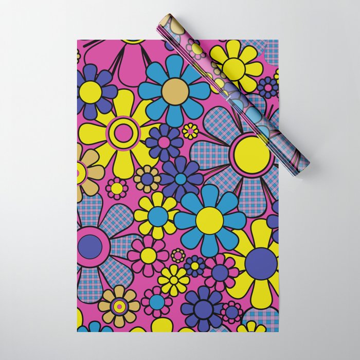 Retro Garden Gingham Flowers Bold 60s 70s Floral Pattern in Blue, Yellow, and Magenta Wrapping Paper Gallery Image 1