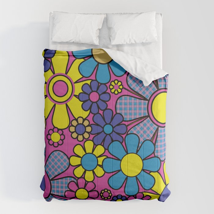 Retro Garden Gingham Flowers Bold 60s 70s Floral Pattern in Blue, Yellow, and Magenta Comforter Gallery Image 6