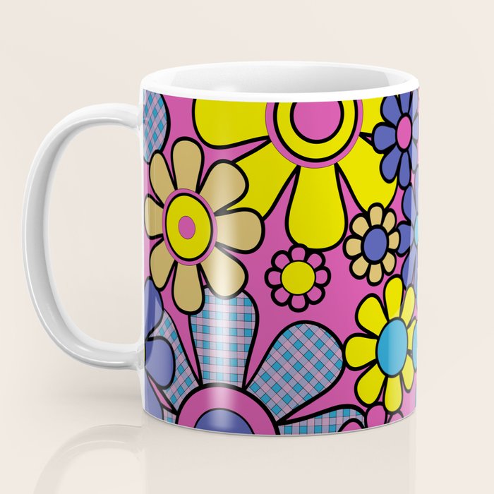 Retro Garden Gingham Flowers Bold 60s 70s Floral Pattern in Blue, Yellow, and Magenta Coffee Mug Gallery Image 3