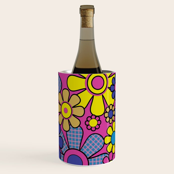 Retro Garden Gingham Flowers Bold 60s 70s Floral Pattern in Blue, Yellow, and Magenta Wine Chiller Gallery Image 2