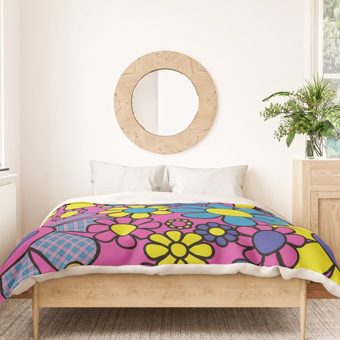 Retro Garden Gingham Flowers Bold 60s 70s Floral Pattern in Blue, Yellow, and Magenta Duvet Cover Gallery Image 3