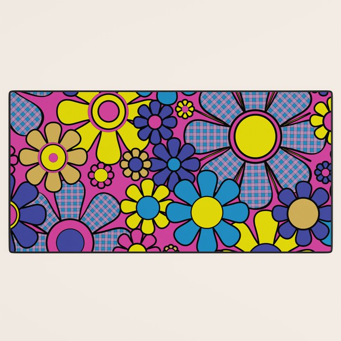 Retro Garden Gingham Flowers Bold 60s 70s Floral Pattern in Blue, Yellow, and Magenta Desk Mat Gallery Image 3