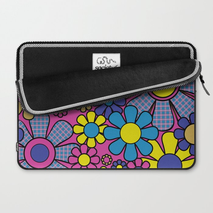 Retro Garden Gingham Flowers Bold 60s 70s Floral Pattern in Blue, Yellow, and Magenta Laptop Sleeve Gallery Image 2
