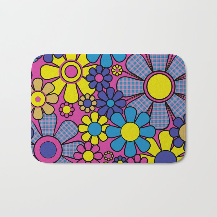 Retro Garden Gingham Flowers Bold 60s 70s Floral Pattern in Blue, Yellow, and Magenta Bath Mat Gallery Image 1