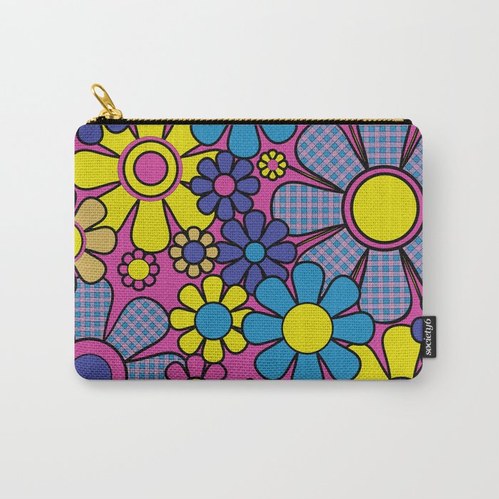 Retro Garden Gingham Flowers Bold 60s 70s Floral Pattern in Blue, Yellow, and Magenta Carry All Pouch Gallery Image 1