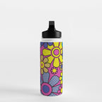 Retro Garden Gingham Flowers Bold 60s 70s Floral Pattern in Blue, Yellow, and Magenta Water Bottle Gallery Image 3