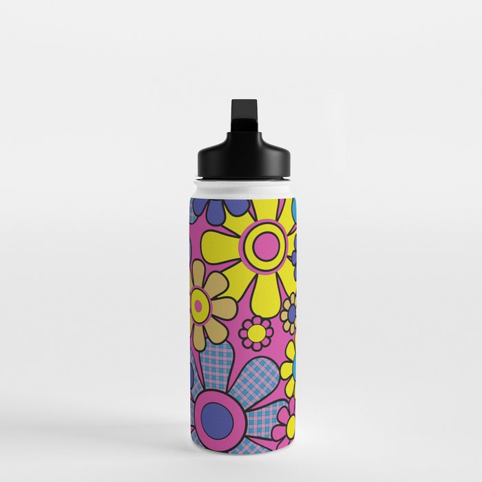 Retro Garden Gingham Flowers Bold 60s 70s Floral Pattern in Blue, Yellow, and Magenta Water Bottle Gallery Image 3