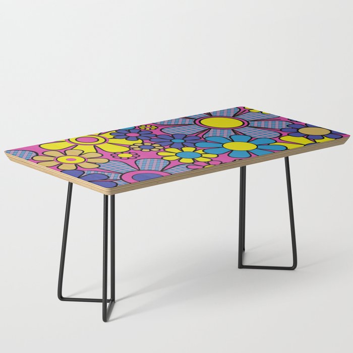Retro Garden Gingham Flowers Bold 60s 70s Floral Pattern in Blue, Yellow, and Magenta Coffee Table Gallery Image 1