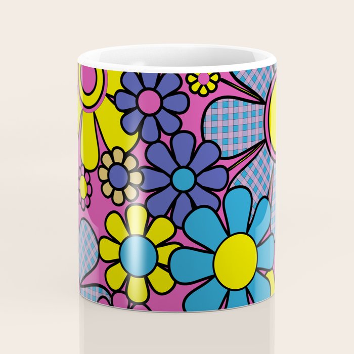 Retro Garden Gingham Flowers Bold 60s 70s Floral Pattern in Blue, Yellow, and Magenta Coffee Mug Gallery Image 4
