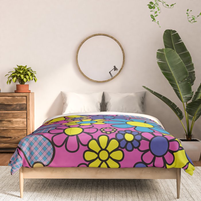 Retro Garden Gingham Flowers Bold 60s 70s Floral Pattern in Blue, Yellow, and Magenta Comforter Gallery Image 3