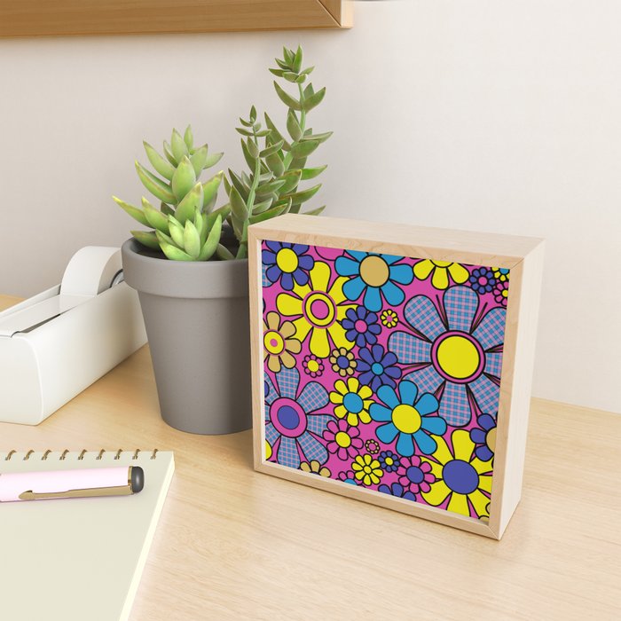 Retro Garden Gingham Flowers Bold 60s 70s Floral Pattern in Blue, Yellow, and Magenta Mini Art Print Gallery Image 2