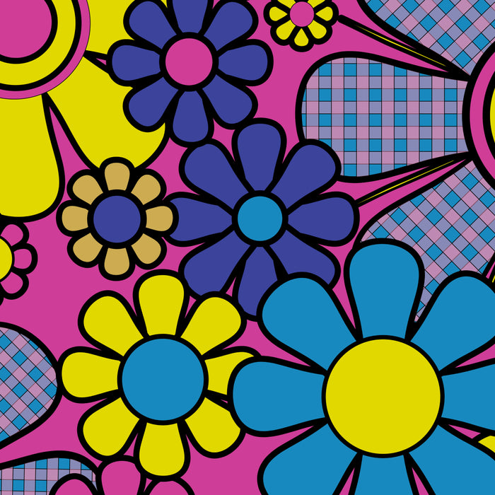 Retro Garden Gingham Flowers Bold 60s 70s Floral Pattern in Blue, Yellow, and Magenta Coffee Mug Gallery Image 2