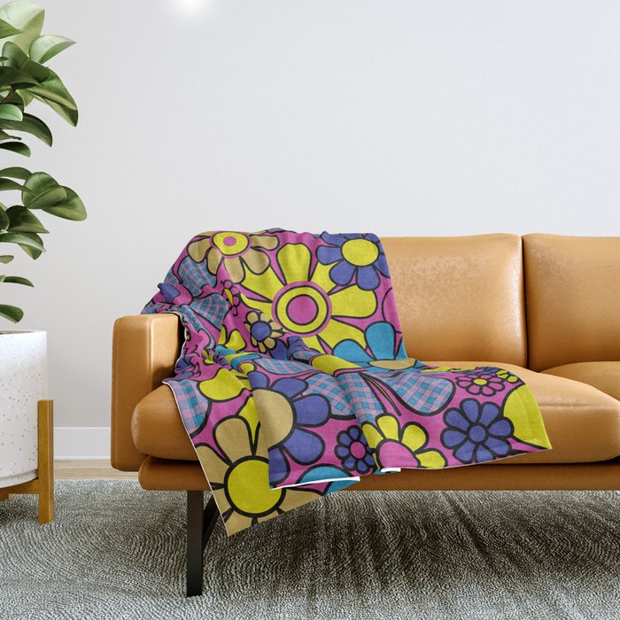 Retro Garden Gingham Flowers Bold 60s 70s Floral Pattern in Blue, Yellow, and Magenta Throw Blanket Gallery Image 1