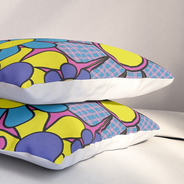 Retro Garden Gingham Flowers Bold 60s 70s Floral Pattern in Blue, Yellow, and Magenta Pillow Sham Gallery Image 3