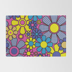 Retro Garden Gingham Flowers Bold 60s 70s Floral Pattern in Blue, Yellow, and Magenta Rug Gallery Image 2