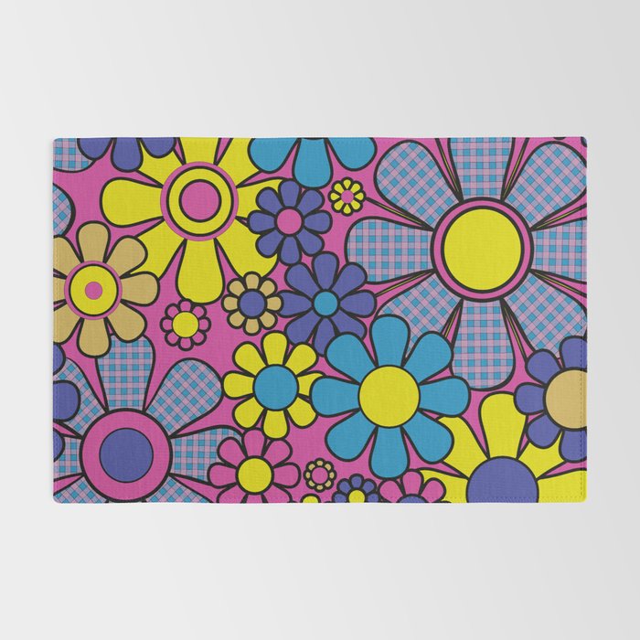 Retro Garden Gingham Flowers Bold 60s 70s Floral Pattern in Blue, Yellow, and Magenta Rug Gallery Image 2