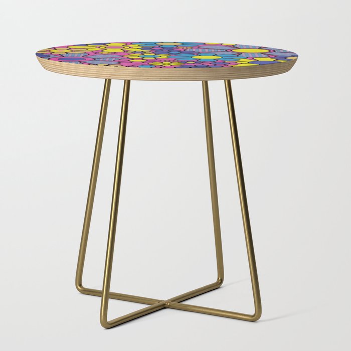 Retro Garden Gingham Flowers Bold 60s 70s Floral Pattern in Blue, Yellow, and Magenta Side Table Gallery Image 1