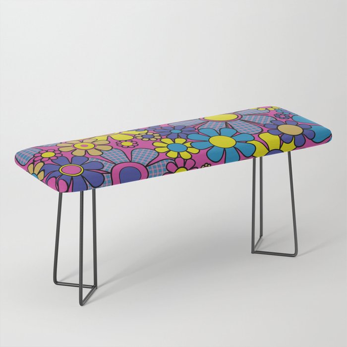 Retro Garden Gingham Flowers Bold 60s 70s Floral Pattern in Blue, Yellow, and Magenta Bench Gallery Image 1