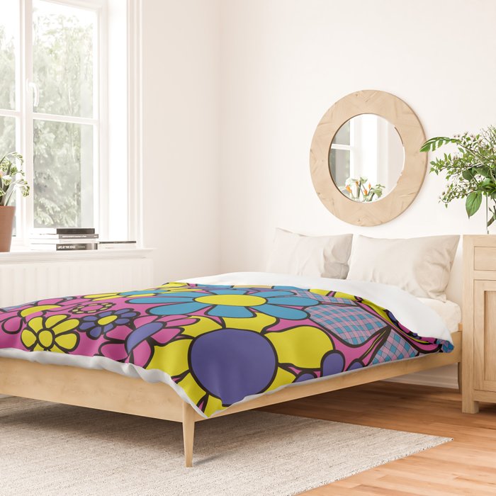 Retro Garden Gingham Flowers Bold 60s 70s Floral Pattern in Blue, Yellow, and Magenta Duvet Cover Gallery Image 2