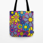 Retro Garden Gingham Flowers Bold 60s 70s Floral Pattern in Blue, Yellow, and Magenta Tote Bag Gallery Image 1