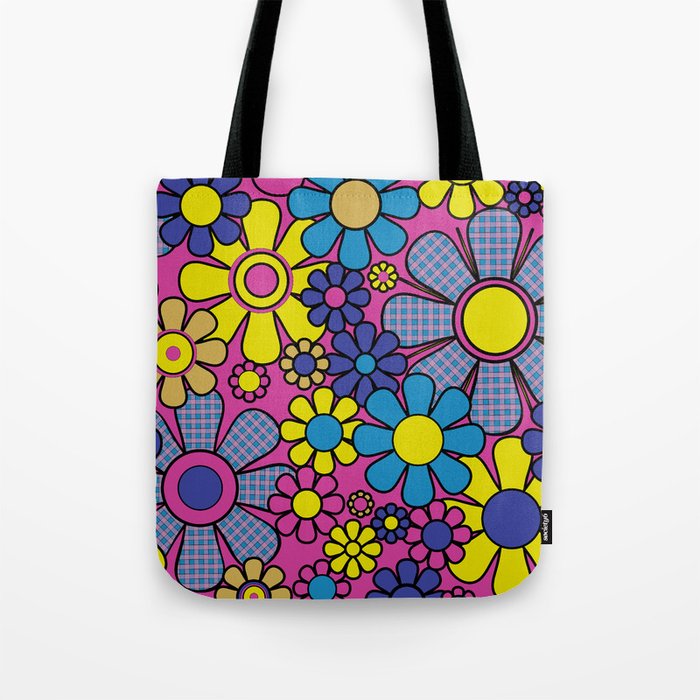 Retro Garden Gingham Flowers Bold 60s 70s Floral Pattern in Blue, Yellow, and Magenta Tote Bag Gallery Image 1