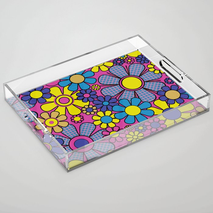 Retro Garden Gingham Flowers Bold 60s 70s Floral Pattern in Blue, Yellow, and Magenta Acrylic Tray Gallery Image 1