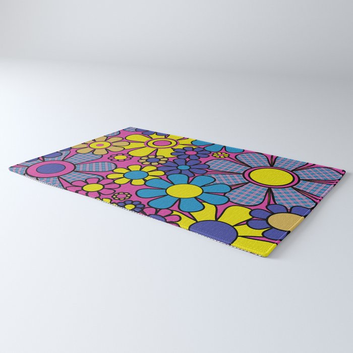 Retro Garden Gingham Flowers Bold 60s 70s Floral Pattern in Blue, Yellow, and Magenta Rug Gallery Image 3