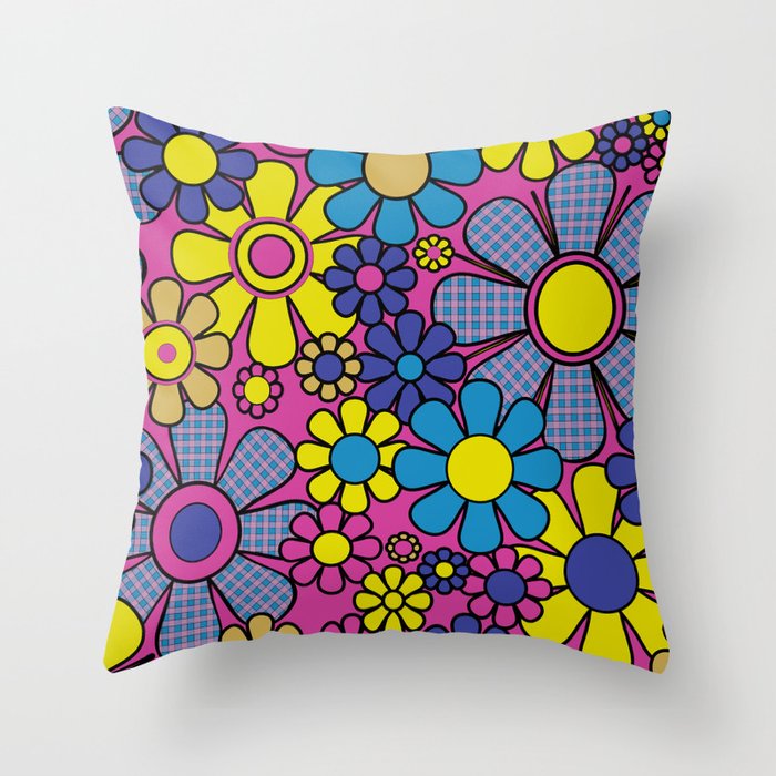Retro Garden Gingham Flowers Bold 60s 70s Floral Pattern in Blue, Yellow, and Magenta Throw Pillow Gallery Image 1