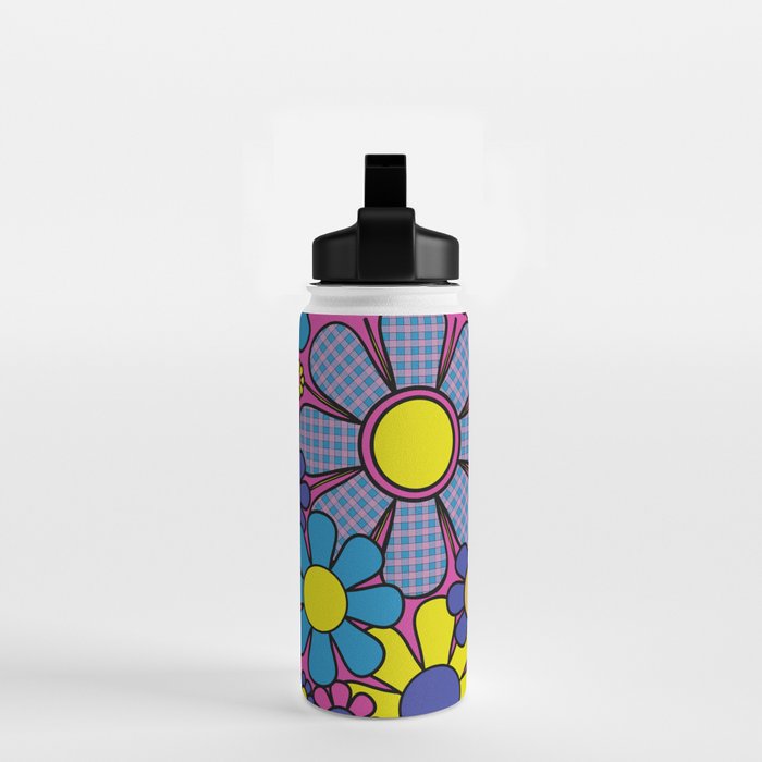 Retro Garden Gingham Flowers Bold 60s 70s Floral Pattern in Blue, Yellow, and Magenta Water Bottle Gallery Image 2