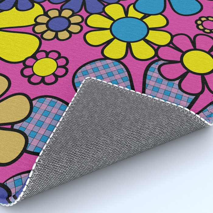 Retro Garden Gingham Flowers Bold 60s 70s Floral Pattern in Blue, Yellow, and Magenta Rug Gallery Image 4